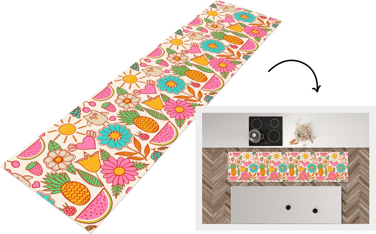 KitchenYeah Keukenloper - Loper keuken - Uil - Regenboog - Bloemen - Kinderen - Patroon - 200x50 cm - Keukenloper vinyl Multicolor