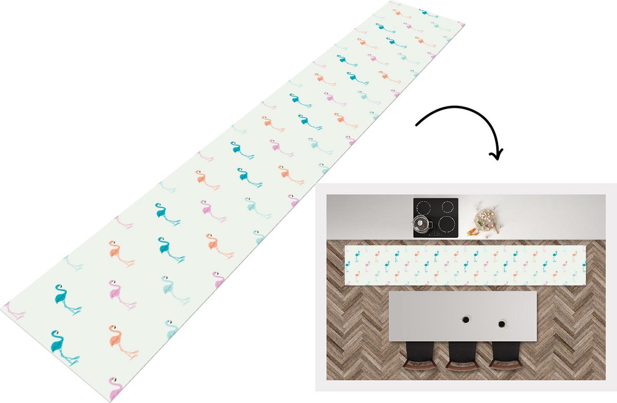 KitchenYeah Keukenloper - Loper keuken - Patronen - Jungle - Flamingo - Pastel - 300x50 cm - Keukenloper vinyl Multicolor
