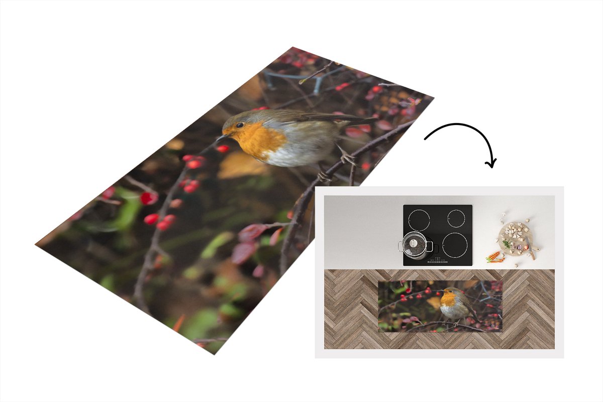 KitchenYeah Keukenloper - Loper keuken - Takken - Roodborstje - Natuur - 120x50 cm - Keukenloper vinyl Multicolor
