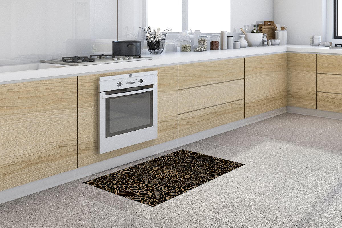 KitchenYeah Keukenloper - Loper keuken - Gouden patroon op een zwarte achtergrond - 120x60 cm - Keukenloper vinyl Multicolor