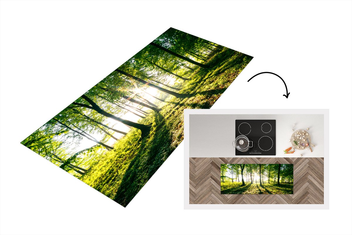 KitchenYeah Keukenloper - Loper keuken - Doorbrekende zon in de bossen van het Nationaal park Söderåsen in Zweden - 120x50 cm - Keukenloper vinyl Multicolor