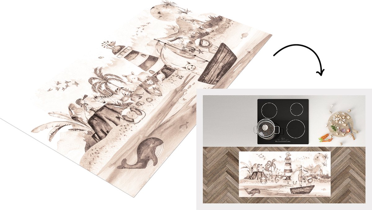 KitchenYeah Keukenloper - Loper keuken - Strand - Kinderen - Dieren - 120x60 cm - Keukenloper vinyl Multicolor