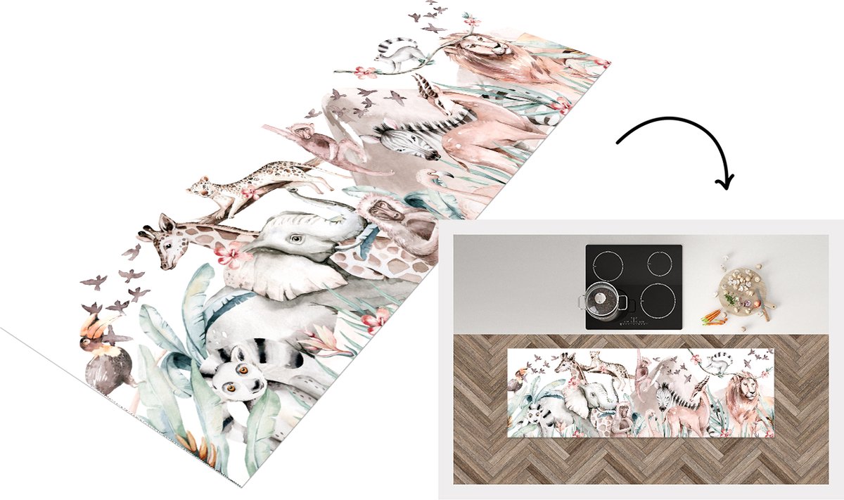 KitchenYeah Keukenloper - Loper keuken - Aquarelverf - Jungle - Dieren - 150x50 cm - Keukenloper vinyl Multicolor