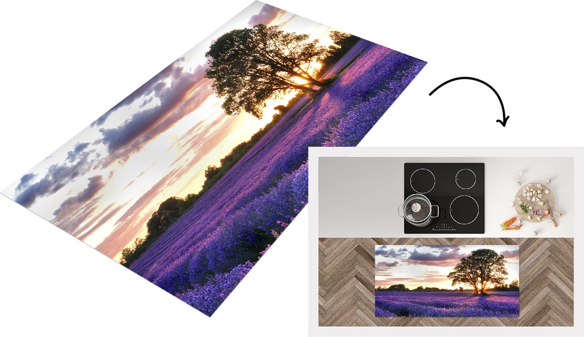 KitchenYeah Keukenloper - Loper keuken - De avondzonsondergang van de zomer over gebied van organische lavendel in Surrey, Engeland. - 120x60 cm - Keukenloper vinyl Multicolor