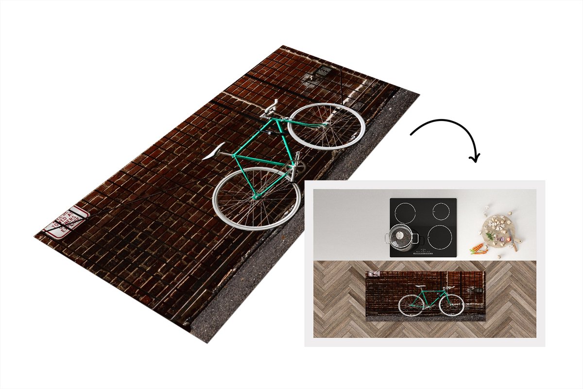 KitchenYeah Keukenloper - Loper keuken - Groene fiets bij het hek - Keukenloper vinyl Multicolor