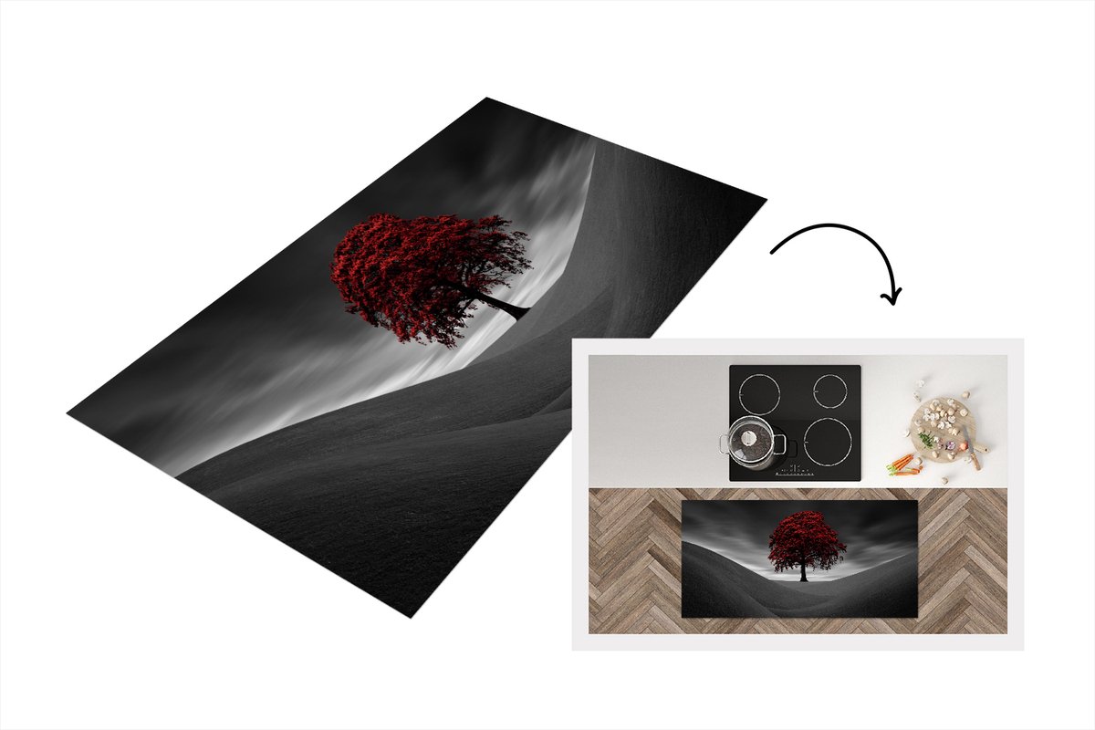 KitchenYeah Keukenloper - Loper keuken - Zwart-wit foto met een rode boom - 120x60 cm - Keukenloper vinyl Zwart; Wit