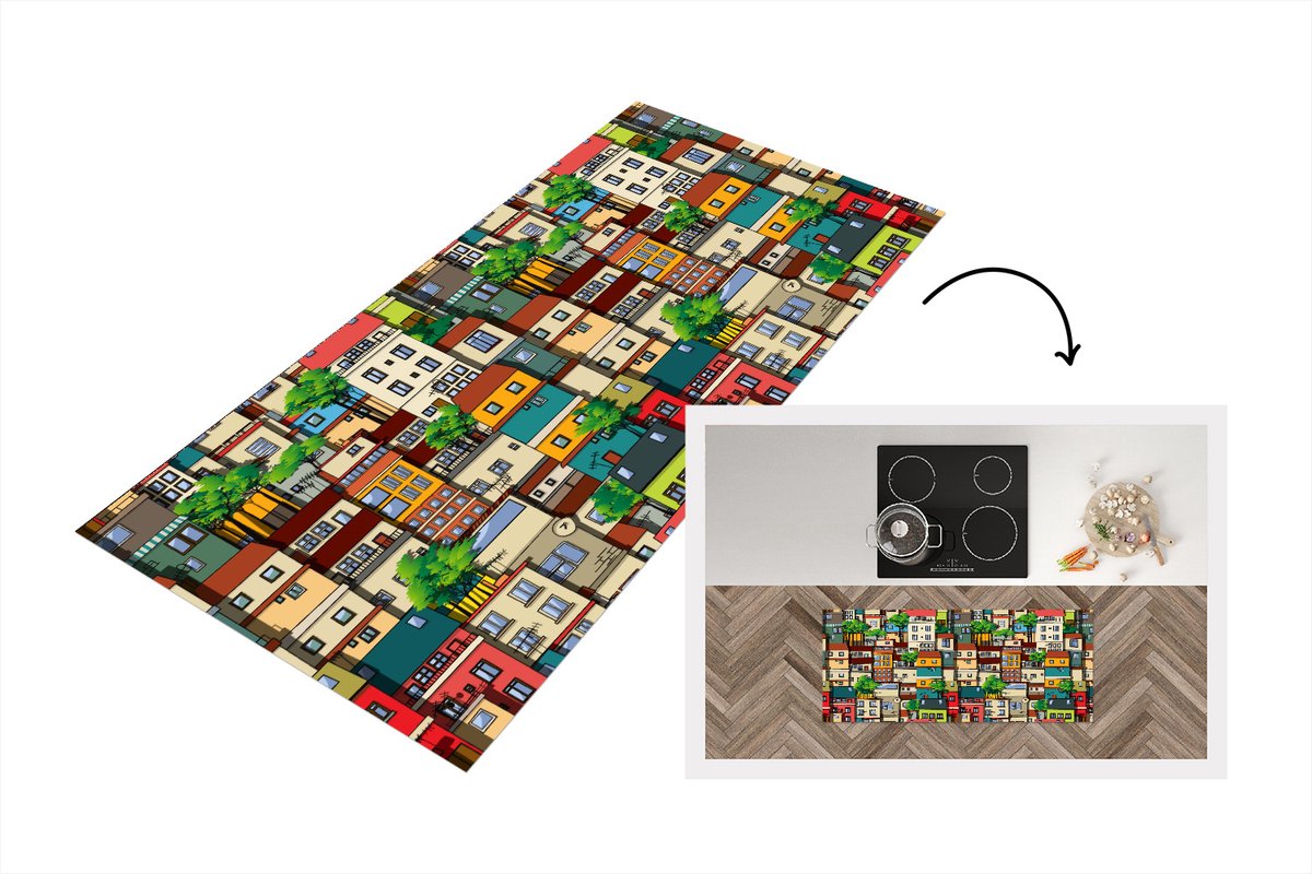 KitchenYeah Keukenloper - Loper keuken - Patronen - Huis - Boom - 120x50 cm - Keukenloper vinyl Multicolor