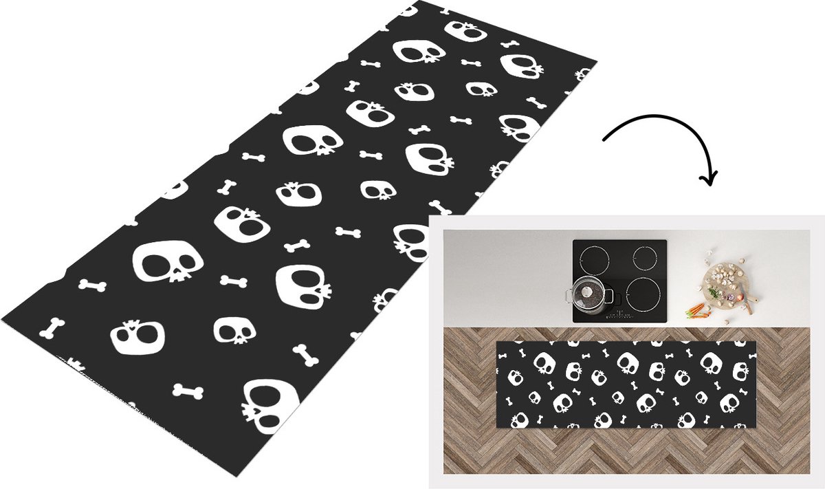KitchenYeah Keukenloper - Loper keuken - Patronen - Skull - Skelet - Bot - 150x50 cm - Keukenloper vinyl Multicolor