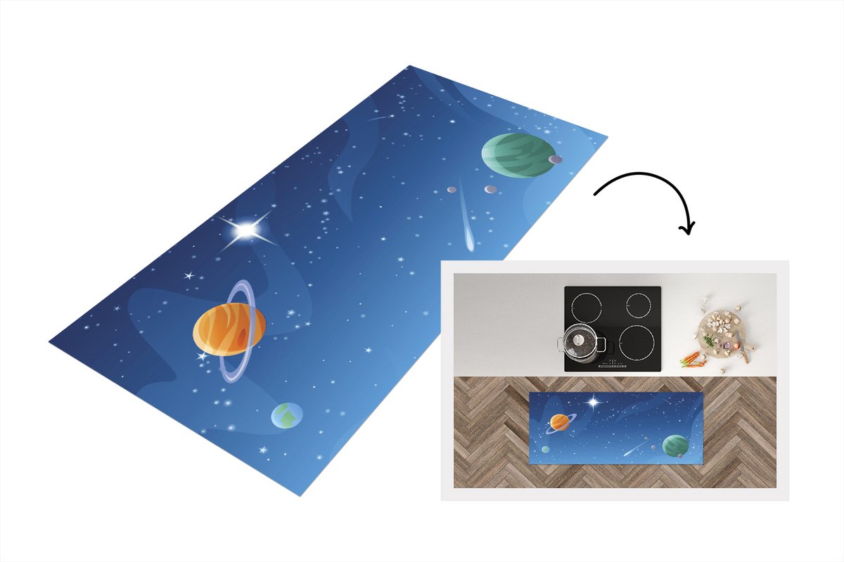 KitchenYeah Keukenloper - Loper keuken - een maan tussen de planeten - Keukenloper vinyl Multicolor