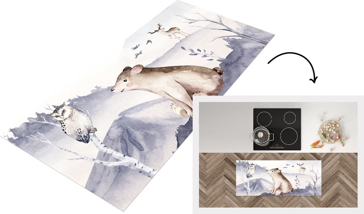 KitchenYeah Keukenloper - Loper keuken - Beer - Winter - Sneeuw - 120x50 cm - Keukenloper vinyl Multicolor