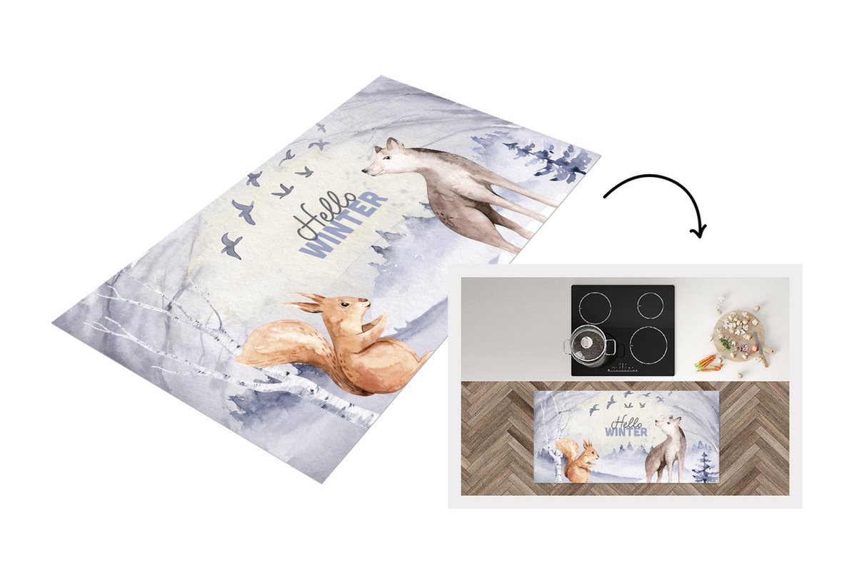 KitchenYeah Keukenloper - Loper keuken - Winter - Vos - Sneeuw - 120x60 cm - Keukenloper vinyl Multicolor