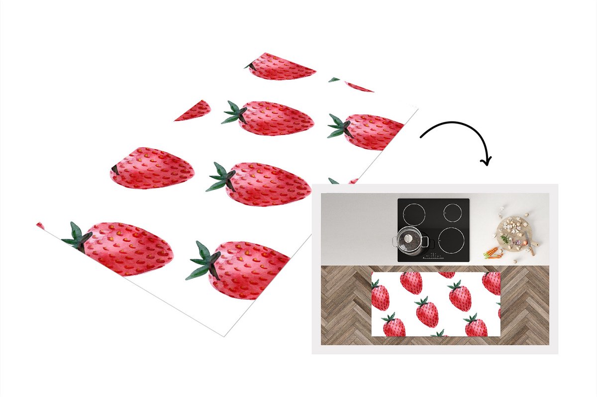 KitchenYeah Keukenloper - Loper keuken - Aardbei - Aquarel - Wit - 120x60 cm - Keukenloper vinyl Multicolor