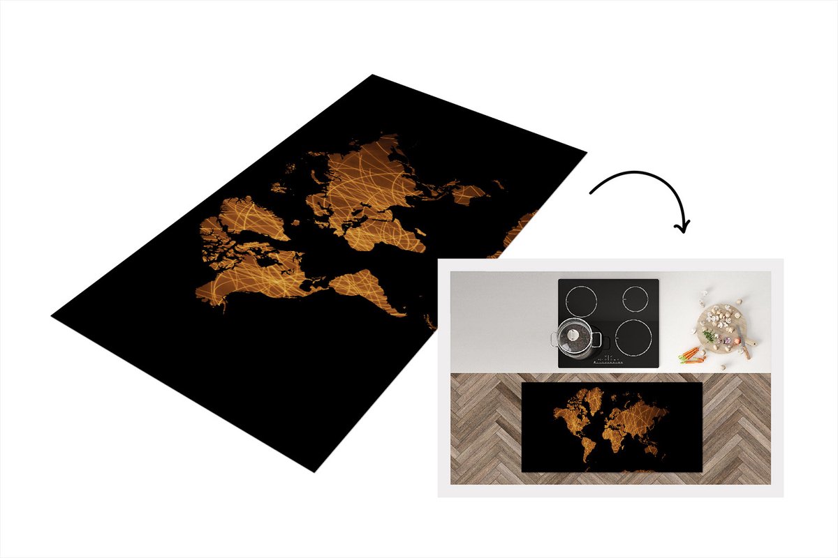 KitchenYeah Keukenloper - Loper keuken - Wereldkaart - Goud - Patroon - 120x60 cm - Keukenloper vinyl Multicolor