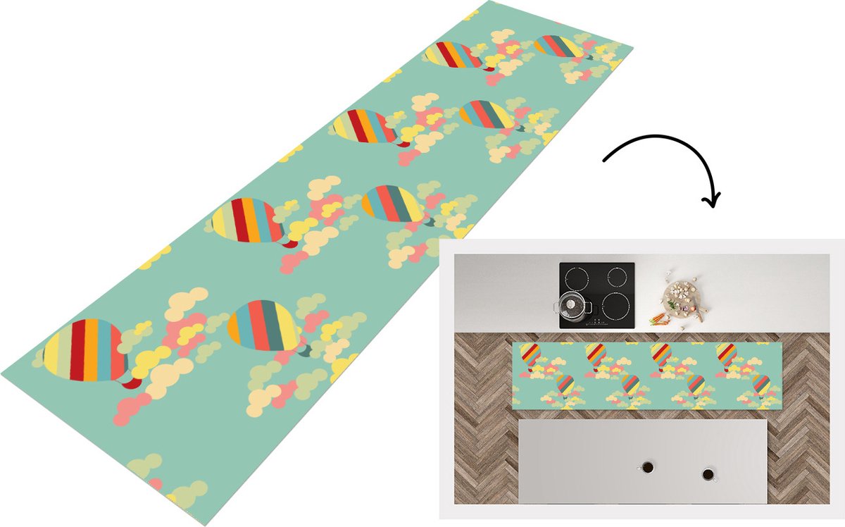 KitchenYeah Keukenloper - Loper keuken - Luchtballon - Patronen - Baby - 200x50 cm - Keukenloper vinyl Multicolor