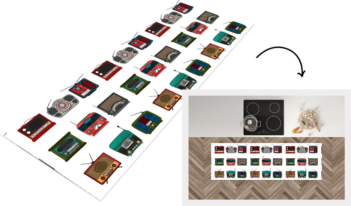 KitchenYeah Keukenloper - Loper keuken - Retro - Radio - Design - 150x50 cm - Keukenloper vinyl Multicolor