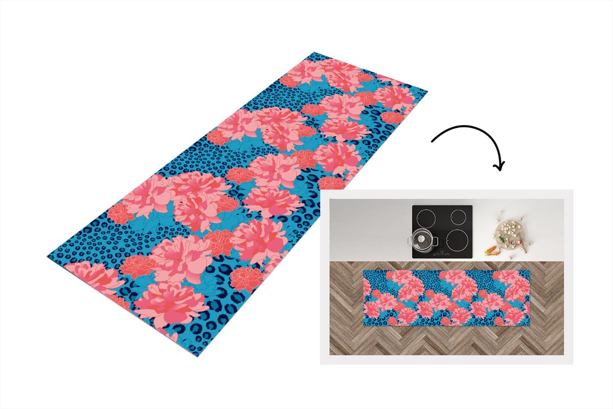 KitchenYeah Keukenloper - Loper keuken - Patronen - Jungle - Bloem - Luipaard print - 150x50 cm - Keukenloper vinyl Multicolor