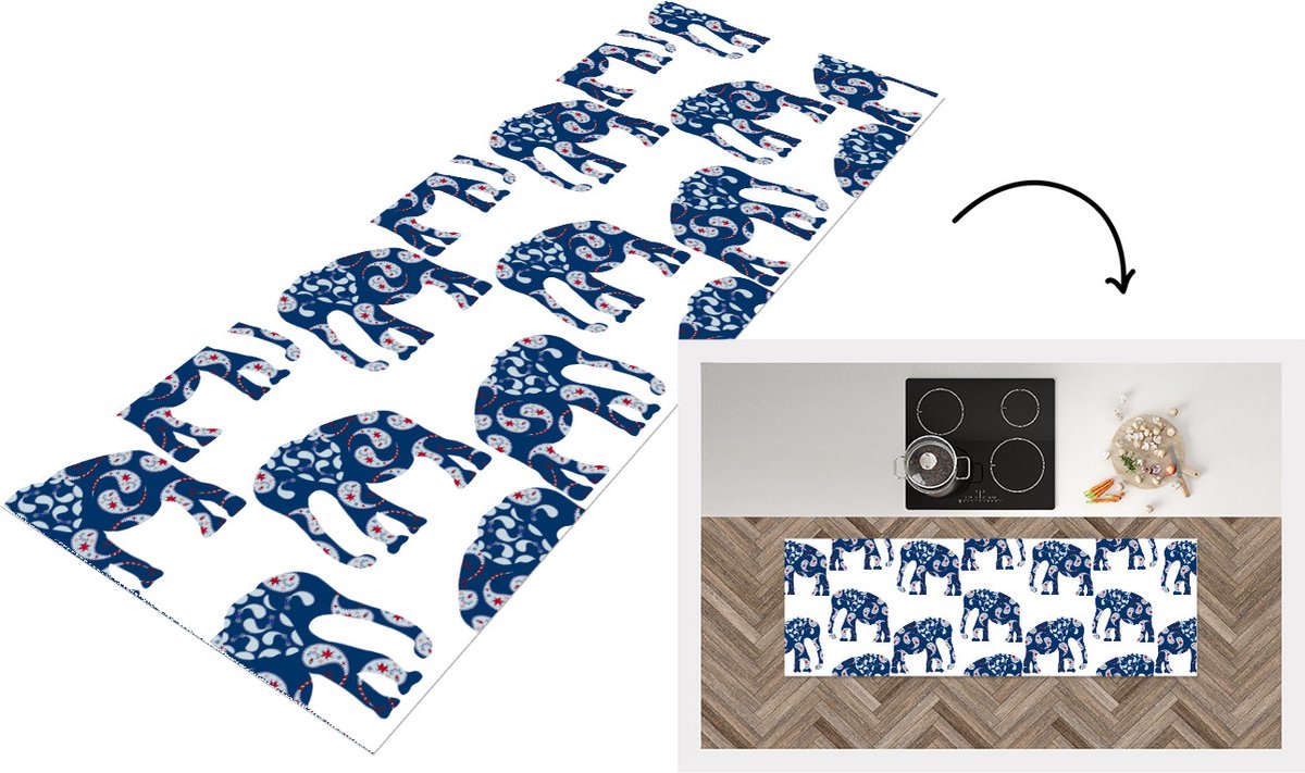KitchenYeah Keukenloper - Loper keuken - Olifant - Dier - Patroon - 150x50 cm - Keukenloper vinyl Multicolor