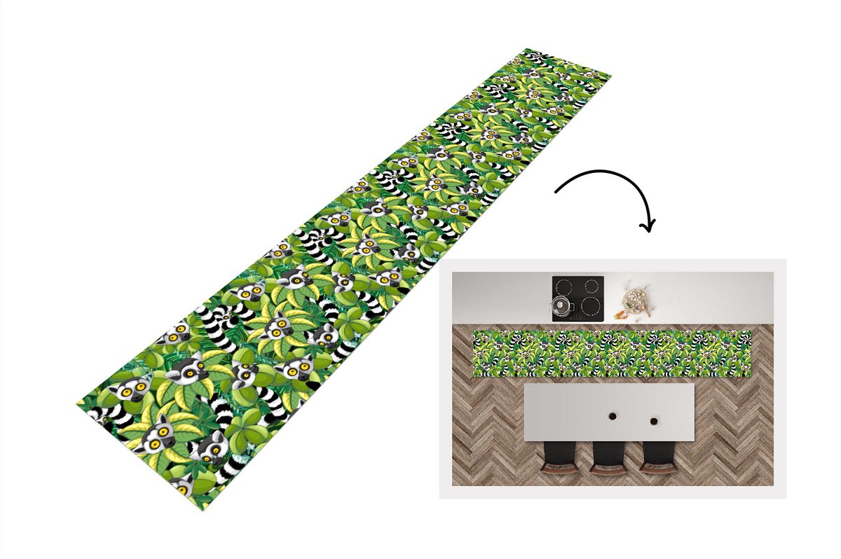 KitchenYeah Keukenloper - Loper keuken - Patroon - Jungle - Ringstaartmaki - 300x50 cm - Keukenloper vinyl Multicolor