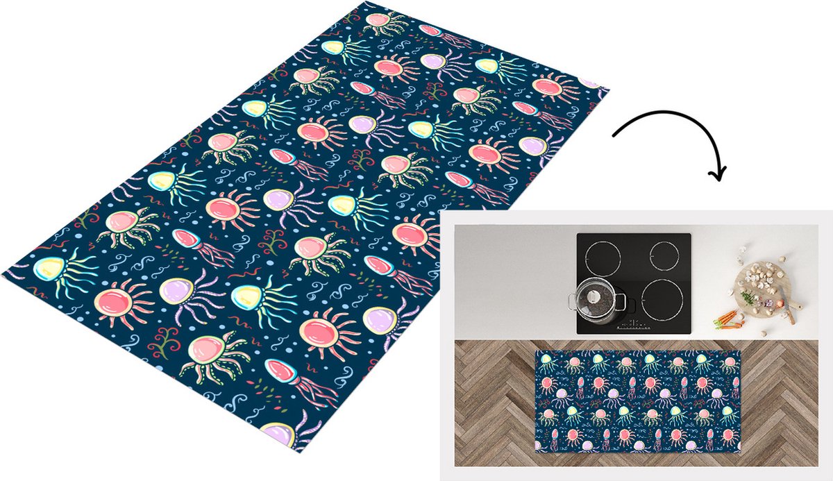 KitchenYeah Keukenloper - Loper keuken - Design - Dieren - Kwallen - 120x60 cm - Keukenloper vinyl Multicolor