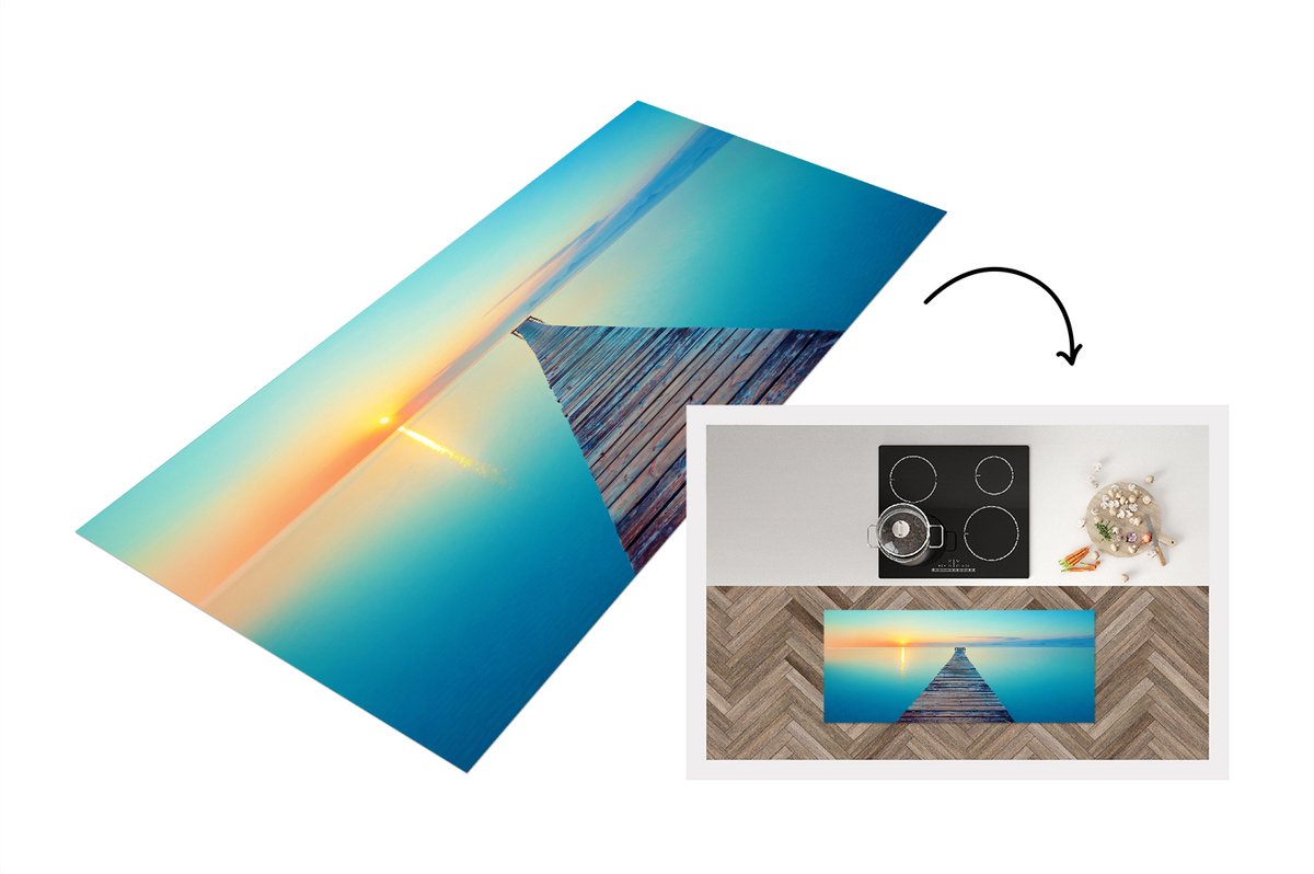 KitchenYeah Keukenloper - Loper keuken - Zee - Zonsondergang - Steiger - 120x50 cm - Keukenloper vinyl Multicolor