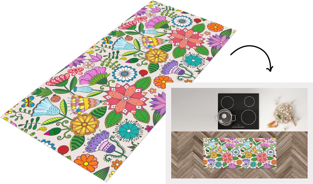 KitchenYeah Keukenloper - Loper keuken - Bloemen - Regenboog - Vlinder - Design - 120x50 cm - Keukenloper vinyl Multicolor