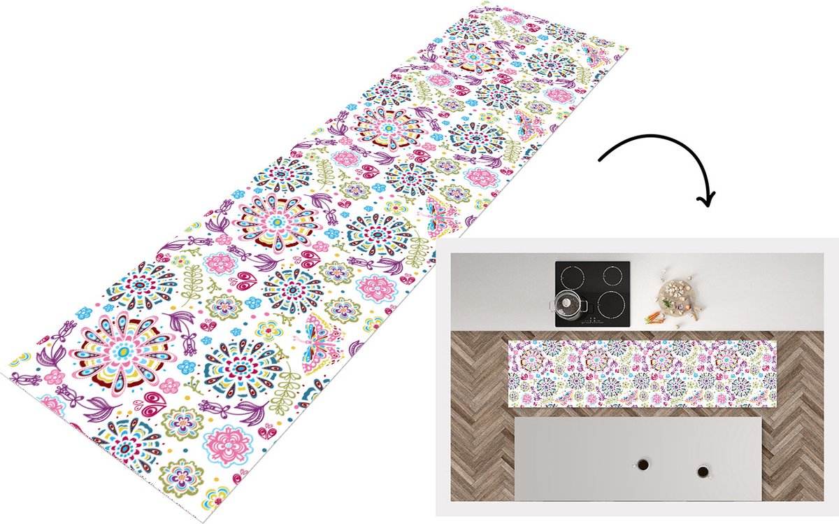 KitchenYeah Keukenloper - Loper keuken - Regenboog - Bloemen - Vlinder - Design - 240x60 cm - Keukenloper vinyl Multicolor