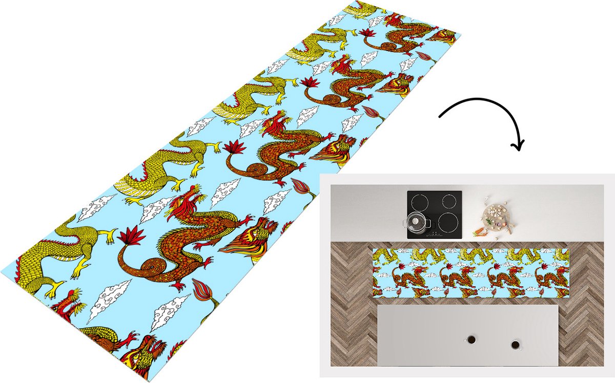 KitchenYeah Keukenloper - Loper keuken - Draak - Chinees - Patronen - 200x50 cm - Keukenloper vinyl Multicolor