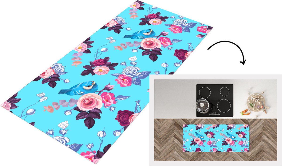 KitchenYeah Keukenloper - Loper keuken - Vogel - Bloemen - Patronen - 120x50 cm - Keukenloper vinyl Multicolor