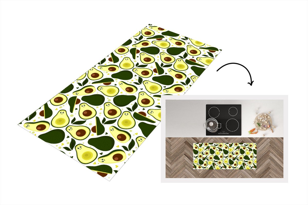KitchenYeah Keukenloper - Loper keuken - Patroon - Avocado - Fruit - Patroon - 120x50 cm - Keukenloper vinyl Multicolor