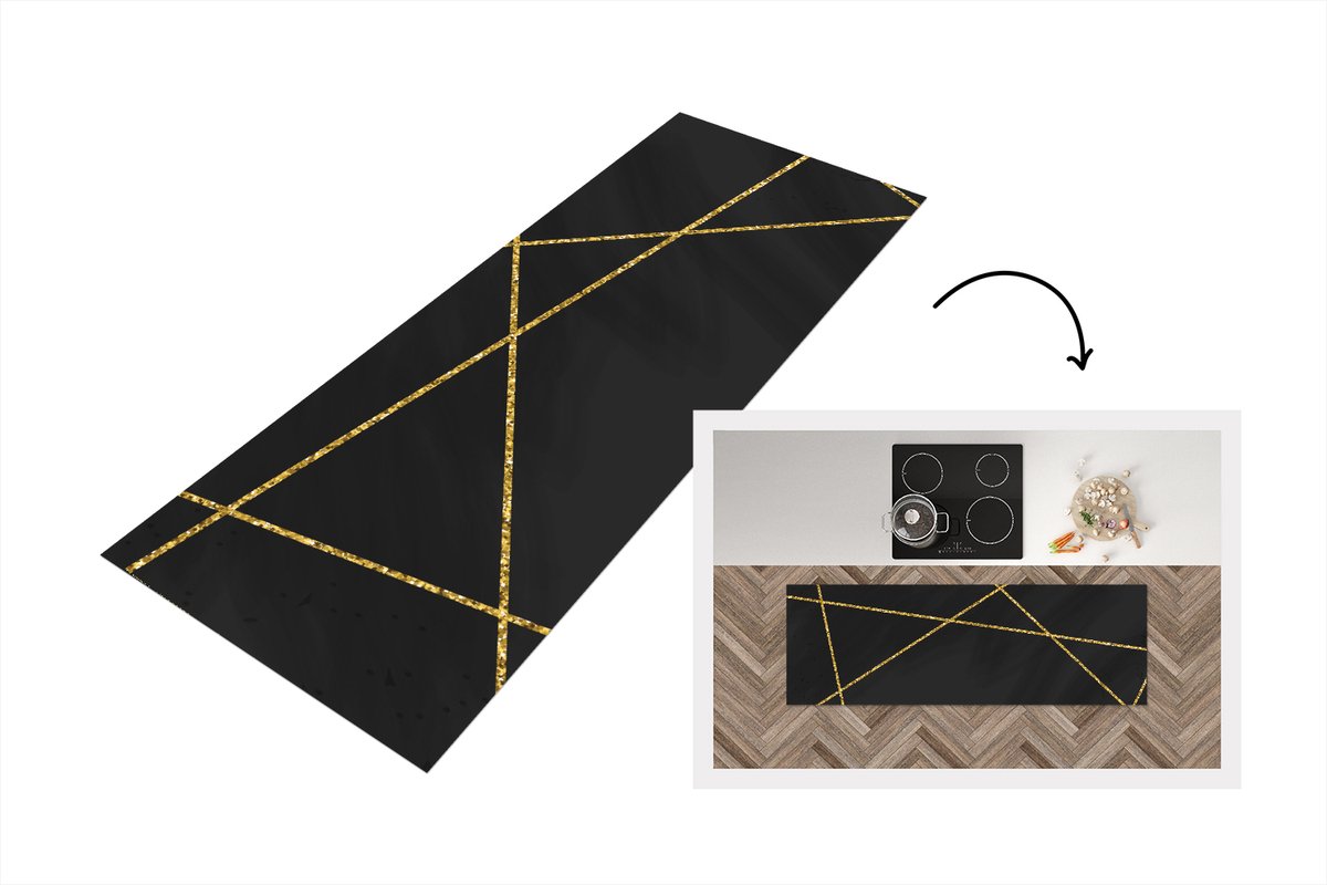 KitchenYeah Keukenloper - Loper keuken - Geometrisch patroon van gouden lijnen op een zwarte achtergrond - 180x60 cm - Keukenloper vinyl Multicolor