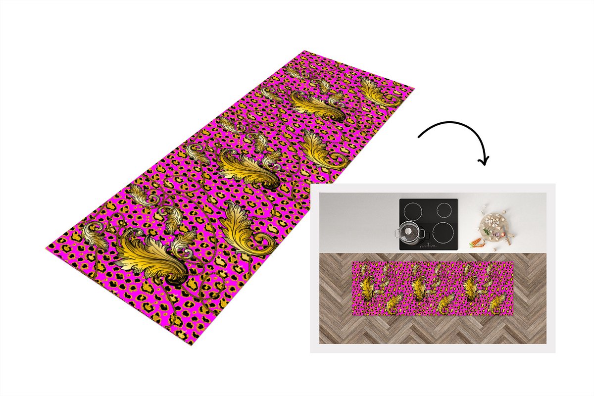 KitchenYeah Keukenloper - Loper keuken - Barok - Panter - Goud - Patroon - 180x60 cm - Keukenloper vinyl Multicolor