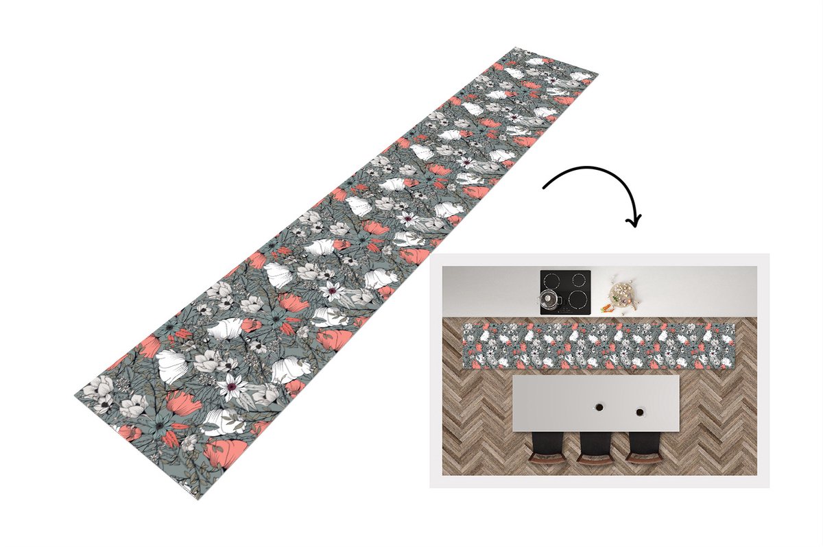 KitchenYeah Keukenloper - Loper keuken - Klaproos - Schets - Vintage - 300x50 cm - Keukenloper vinyl Multicolor