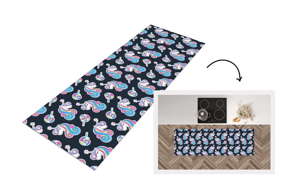 KitchenYeah Keukenloper - Loper keuken - Meisje - Unicorn - Lolly snoep - Patronen - 180x60 cm - Keukenloper vinyl Multicolor