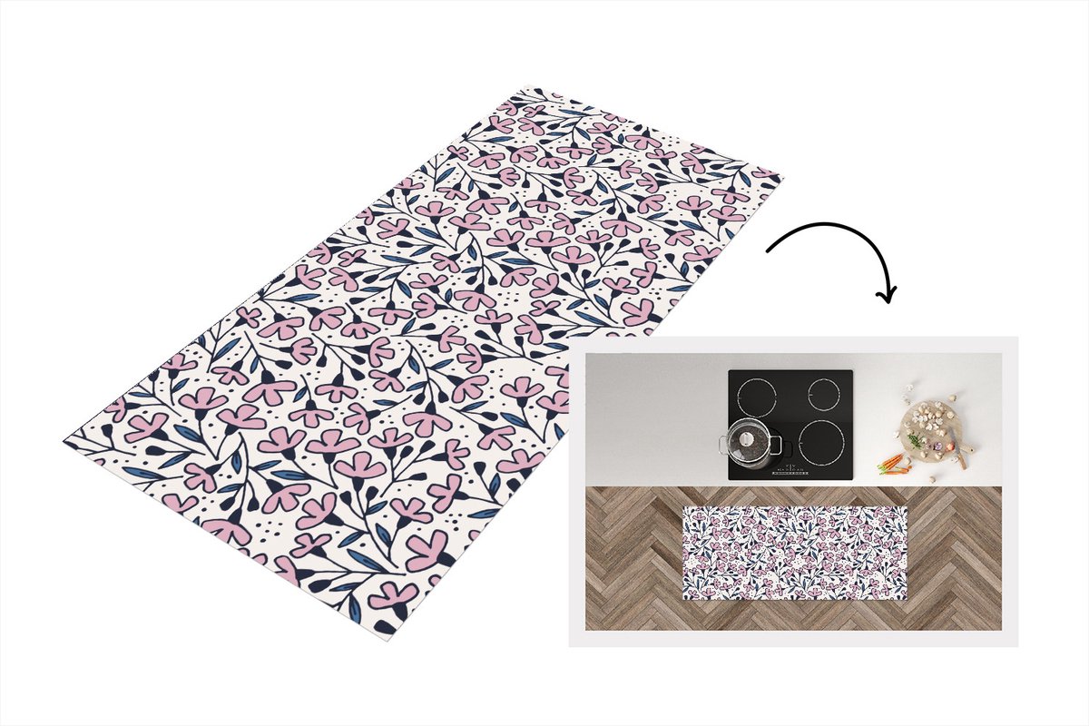 KitchenYeah Keukenloper - Loper keuken - Meiden - Bloemen - Roze - Patronen - 120x50 cm - Keukenloper vinyl Multicolor