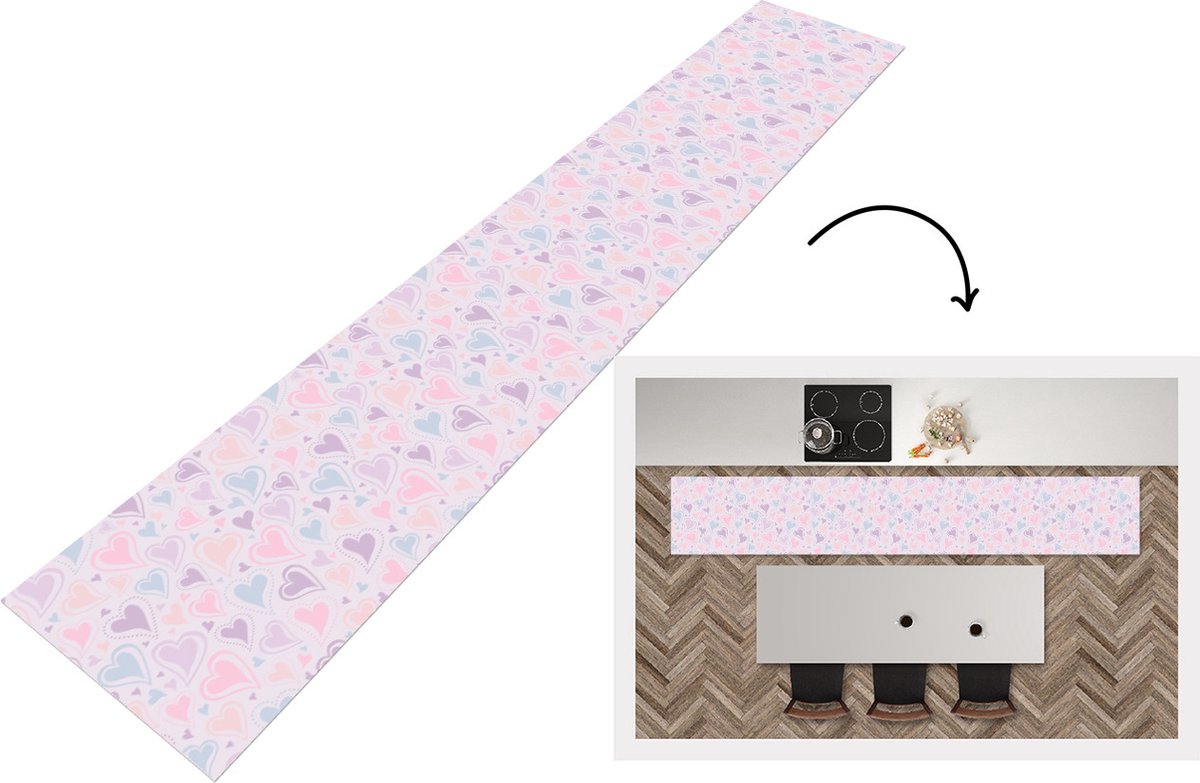 KitchenYeah Keukenloper - Loper keuken - Meiden - Hartjes - Patronen - 300x50 cm - Keukenloper vinyl Multicolor