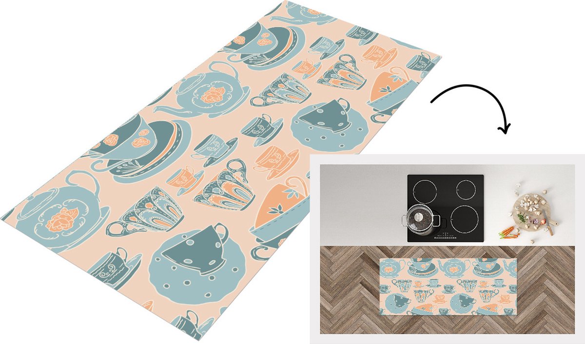 KitchenYeah Keukenloper - Loper keuken - Patronen - Vintage - Kopje - Thee - 120x50 cm - Keukenloper vinyl Multicolor