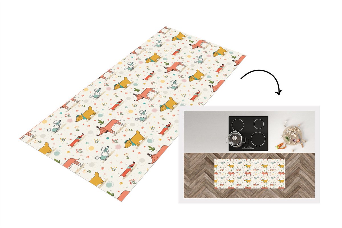 KitchenYeah Keukenloper - Loper keuken - Hond - Teckel - Patronen - Bloemen - 120x50 cm - Keukenloper vinyl Multicolor