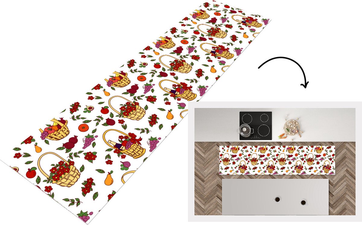 KitchenYeah Keukenloper - Loper keuken - Mand - Fruit - Patronen - 240x60 cm - Keukenloper vinyl Multicolor