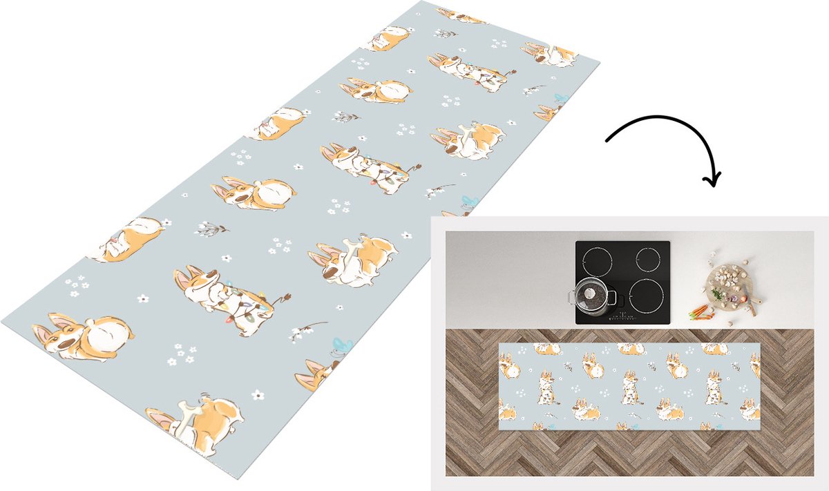 KitchenYeah Keukenloper - Loper keuken - Patroon - Hond - Corgi - 180x60 cm - Keukenloper vinyl Multicolor