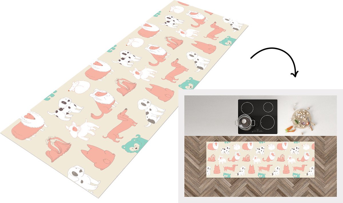KitchenYeah Keukenloper - Loper keuken - Patroon - Hond - Puppy - 150x50 cm - Keukenloper vinyl Multicolor