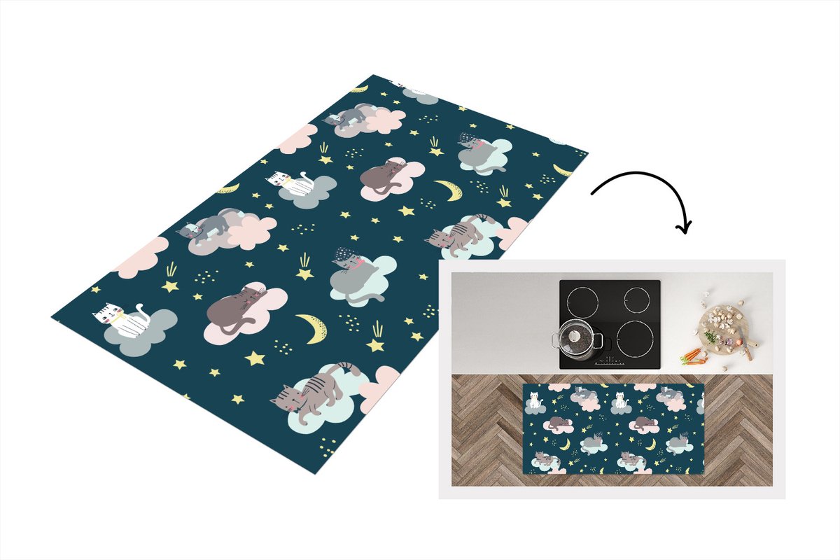 KitchenYeah Keukenloper - Loper keuken - Patronen - Kat - Maan - 120x60 cm - Keukenloper vinyl Multicolor
