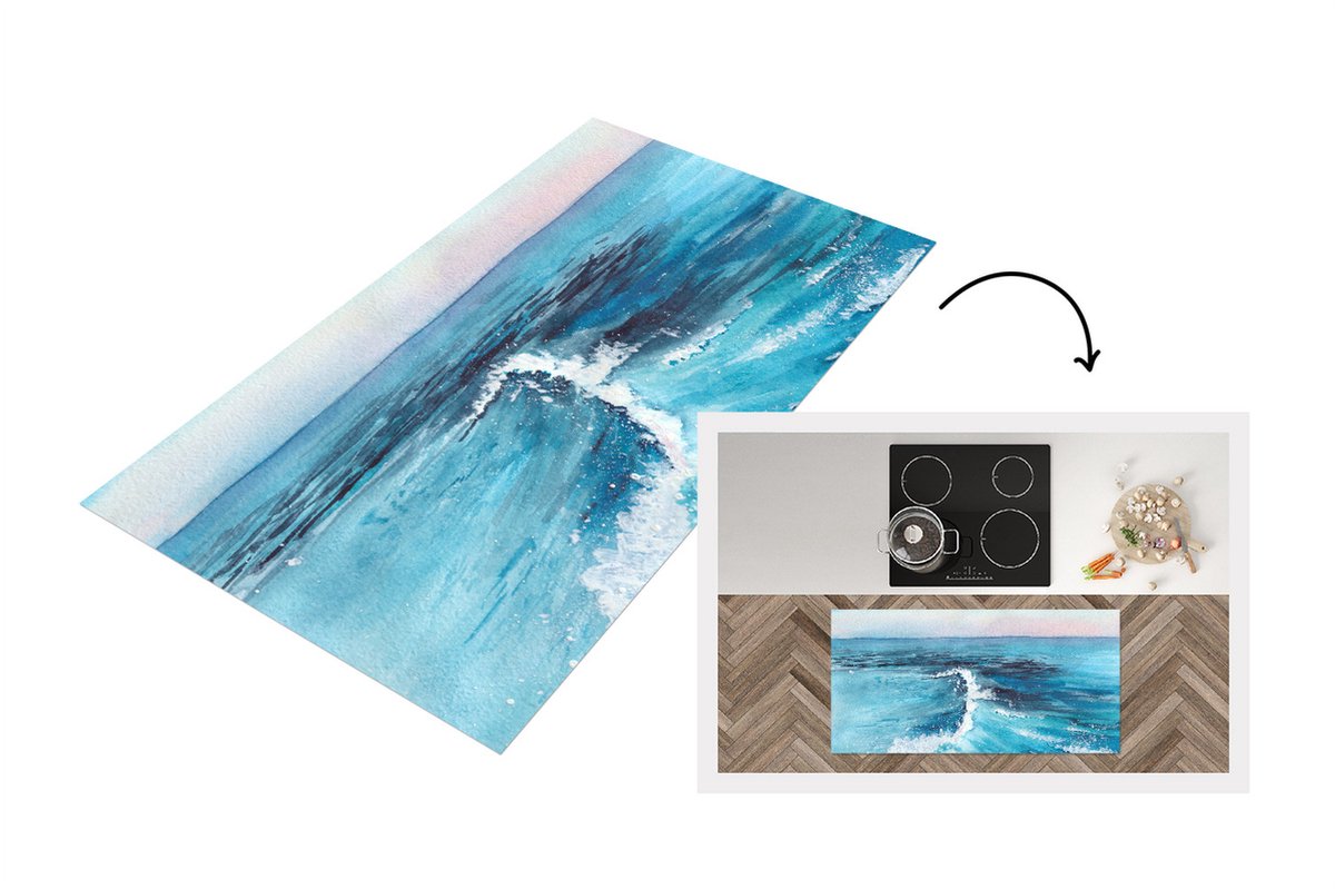 KitchenYeah Keukenloper - Loper keuken - Zee - Golf - Waterverf - 120x60 cm - Keukenloper vinyl Multicolor