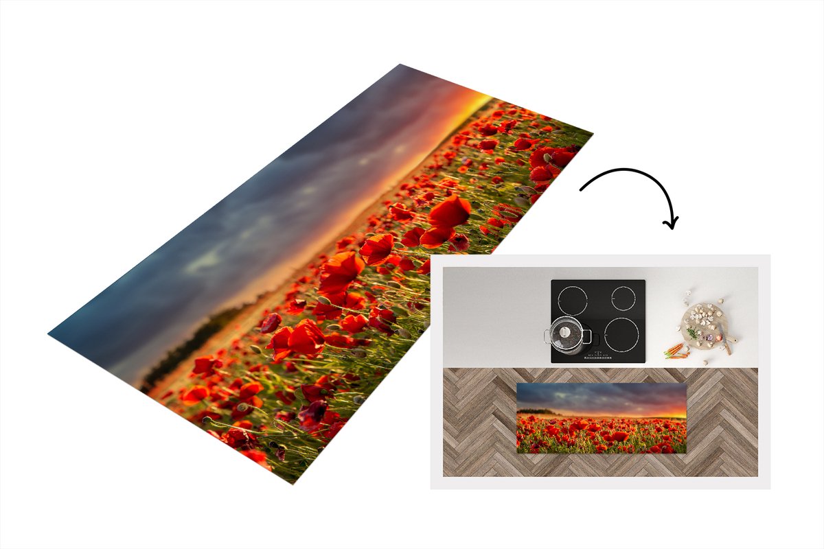 KitchenYeah Keukenloper - Loper keuken - Zonsondergang - Klaprozen - Rood - 120x50 cm - Keukenloper vinyl Multicolor