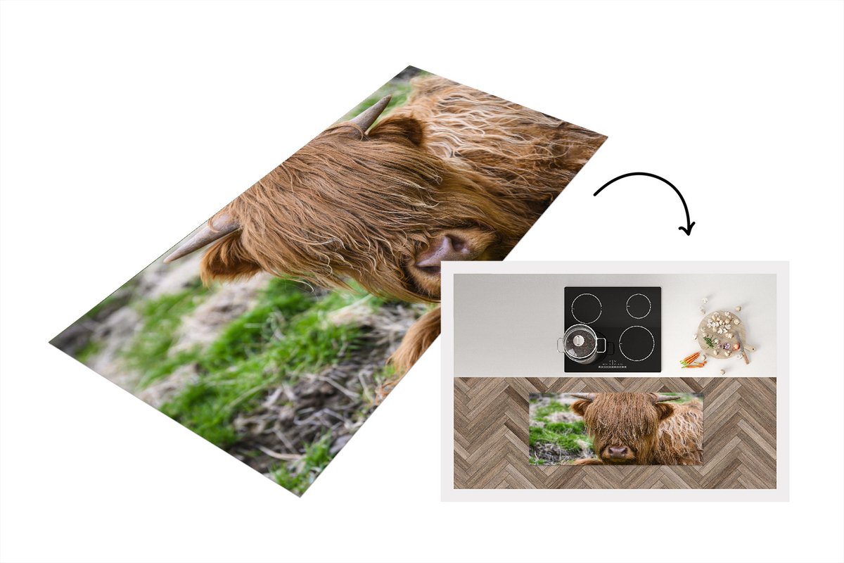 KitchenYeah Keukenloper - Loper keuken - Schotse Hooglander - Hooi - Gras - 120x50 cm - Keukenloper vinyl Multicolor
