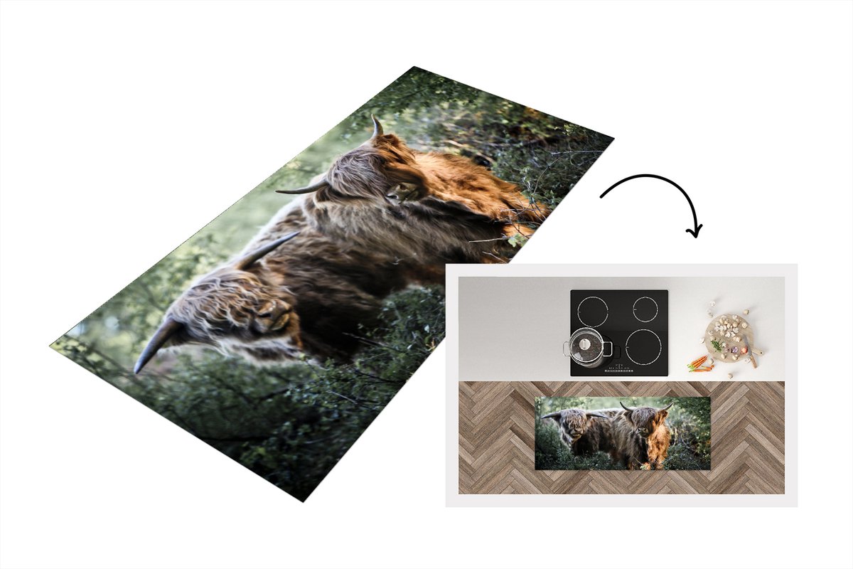 KitchenYeah Keukenloper - Loper keuken - Schotse Hooglanders - Bos - Dieren - 120x50 cm - Keukenloper vinyl Multicolor