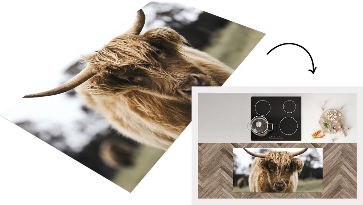 KitchenYeah Keukenloper - Loper keuken - Schotse Hooglander - Koe - Gras - Dieren - 120x60 cm - Keukenloper vinyl Multicolor