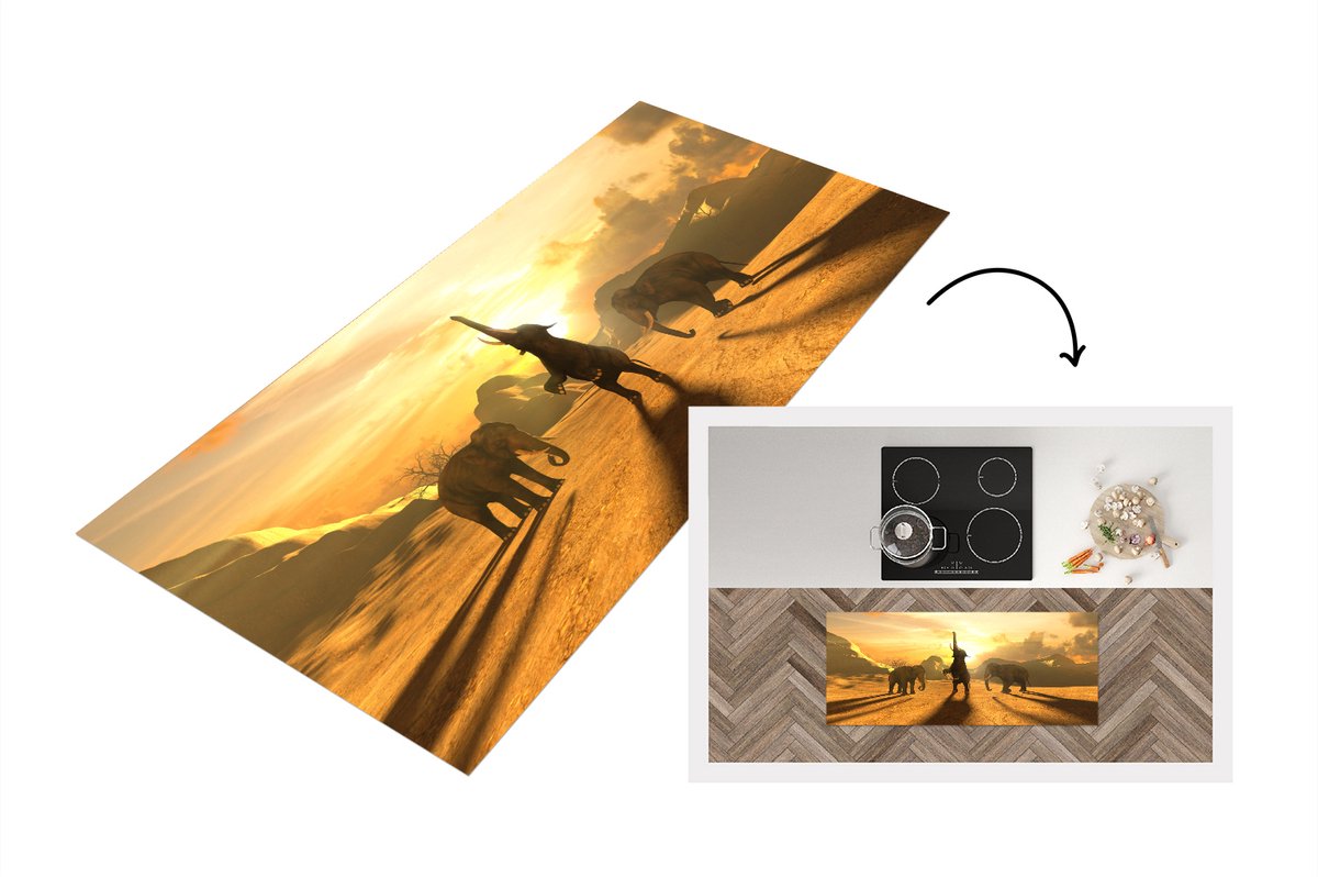 KitchenYeah Keukenloper - Loper keuken - Olifant - Goud - Illustratie - 120x50 cm - Keukenloper vinyl Multicolor