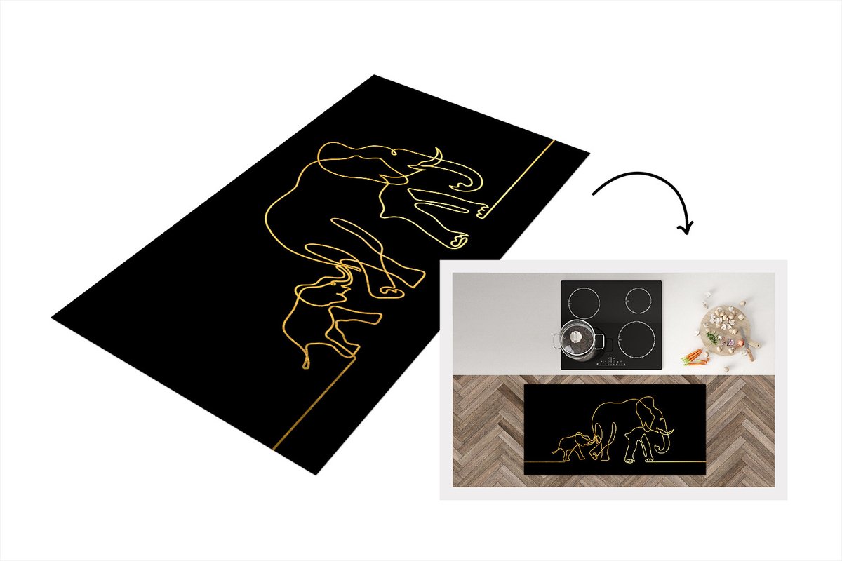 KitchenYeah Keukenloper - Loper keuken - Olifant - Goud - Zwart - Lijn - Simpel - 120x60 cm - Keukenloper vinyl Multicolor