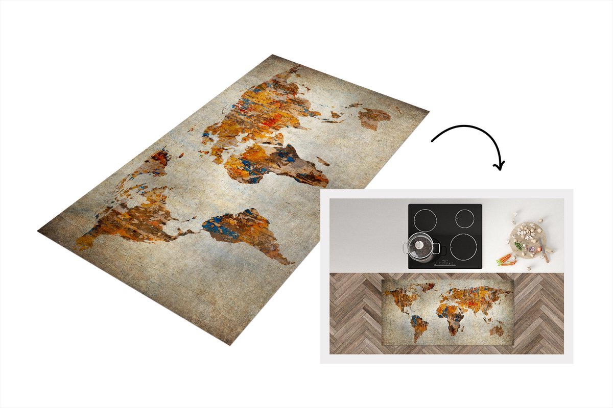 KitchenYeah Keukenloper - Loper keuken - Wereldkaart - Vintage - Abstract - 120x60 cm - Keukenloper vinyl Multicolor