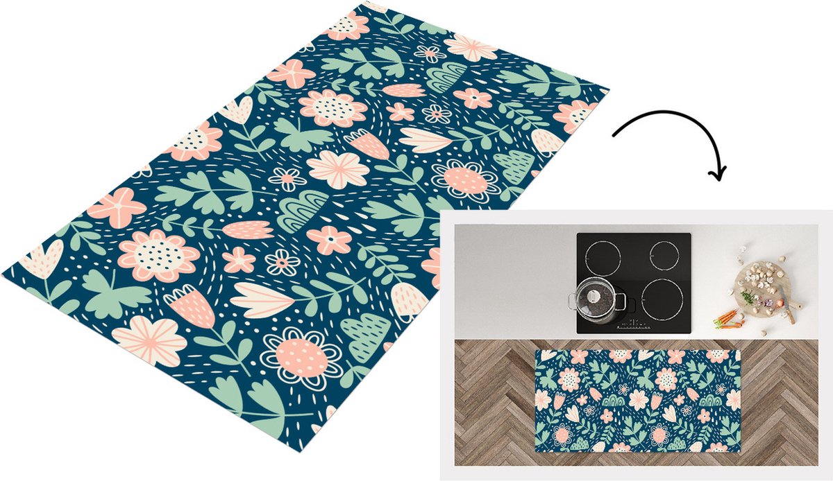 KitchenYeah Keukenloper - Loper keuken - Bloemen - Patroon - Planten - 120x60 cm - Keukenloper vinyl Multicolor